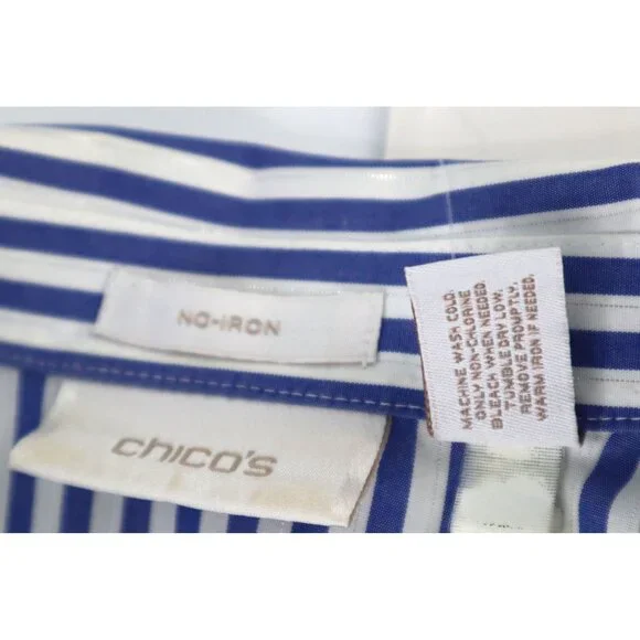Chicos Blue & White Striped No-Iron Button-Up Shirt Womens Size 1 (M) 95% Cotton - Picture 8 of 11